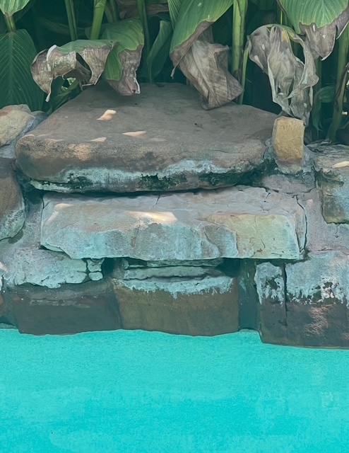 Before: A layered-stone waterfall feeds turquoise pool water beneath tropical foliage.