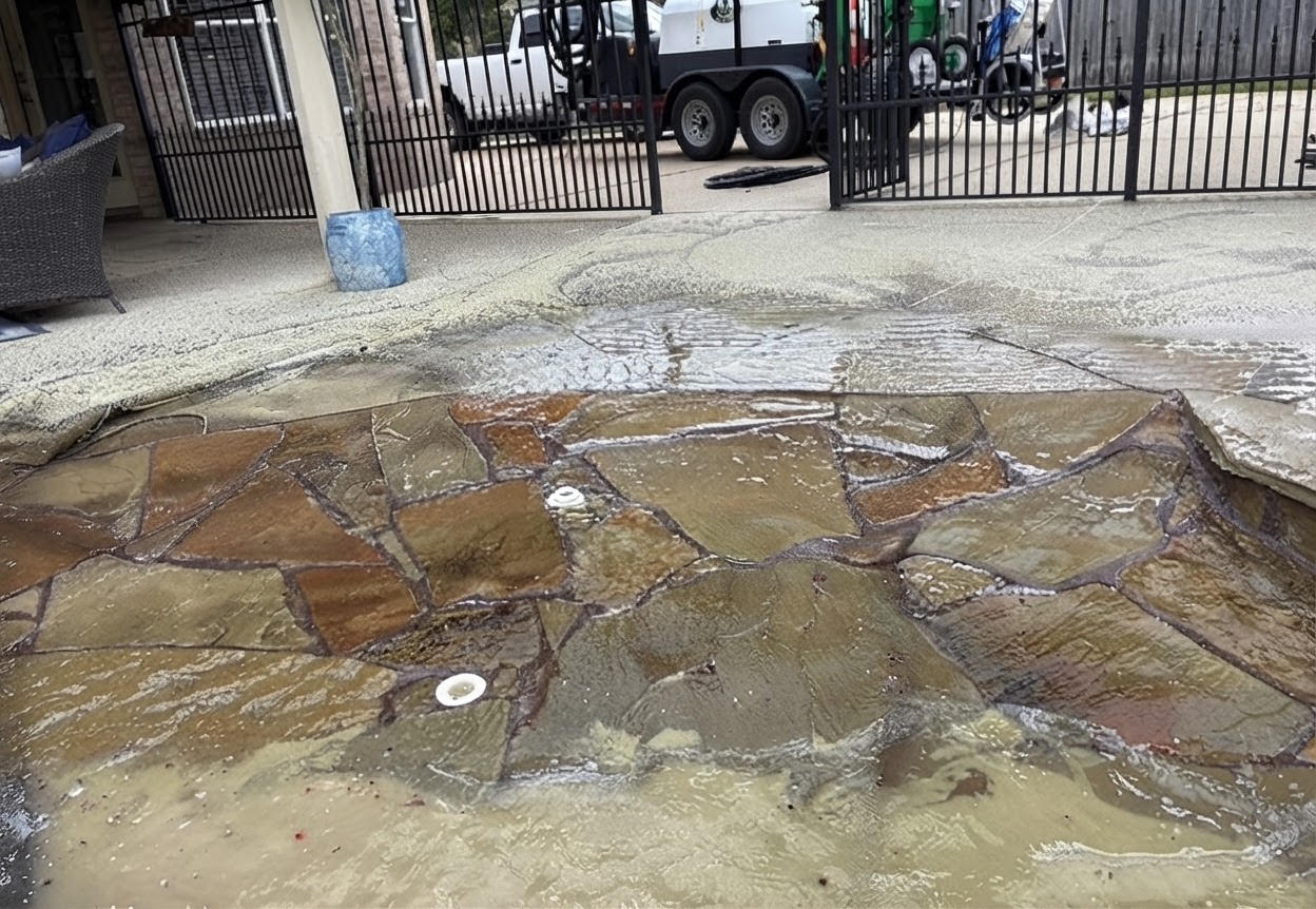 After: Two cleaning hoses lie across a wet, irregular stone surface.